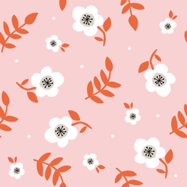  Kusursuz desenli güzel çiçek ve turuncu yapraklı açık turuncu arka plan.