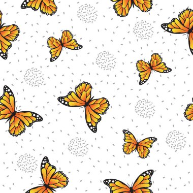  Gri konfeti arka planı olan kusursuz desenli kral kelebeği.