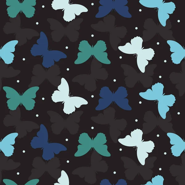 Bezszwowy Wzór Niebieski Motyl Ciemnym Tle — Wektor stockowy