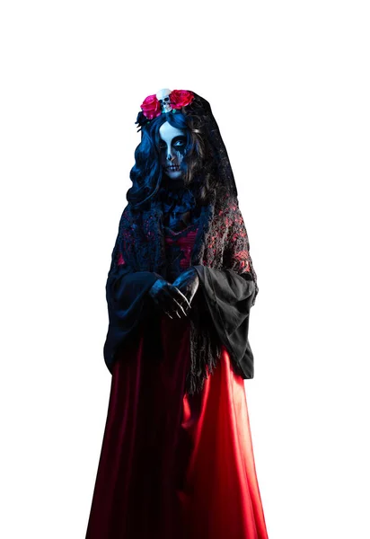 Odizolowane Zdjęcie Santa Muerte Czerwonej Gotyckiej Sukience Szal Korona Czaszką — Zdjęcie stockowe