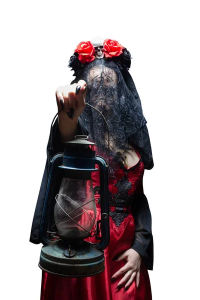 Elszigetelt Titokzatos Boszorkány Vagy Boszorkány Vörös Gótikus Ruhában Fekete Fátyol — Stock Fotó