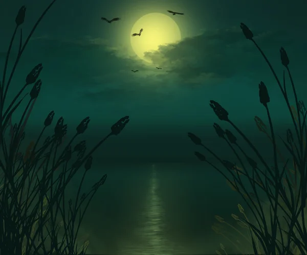 Full moon river landscape illustration.