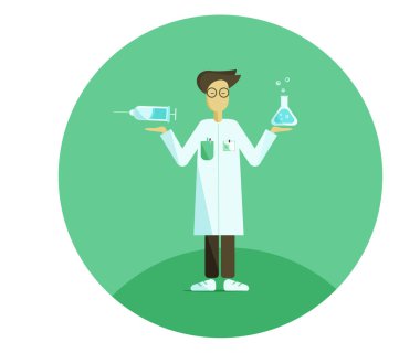 Beyaz bir soygunda bilim adamı laboratuvar şişesi ve aşısı tutuyor.