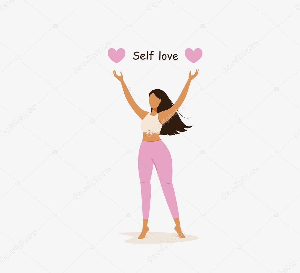Self love concept. Happy young dark haired woman with pink hearts