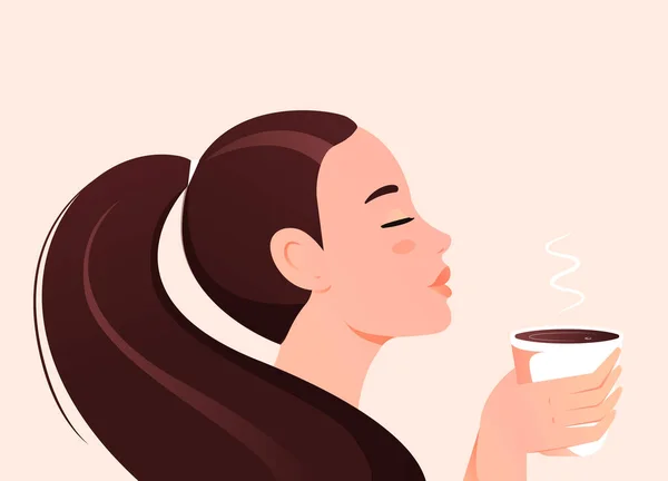 Красивая Девушка Держит Чашку Утреннего Ароматного Кофе — стоковый вектор
