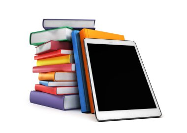 Yığın kitap ön planda bir tablet ile
