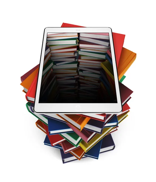 Tablet s obrazem knihy díry v Stoh knih izolovaných na bílém pozadí — Stock fotografie