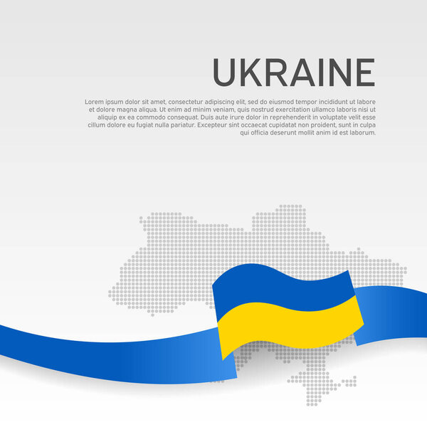 Ukraine wavy flag and mosaic map on white background. Wavy ribbon colors of Ukraine flag. National poster. Vector design. Business booklet. State ukrainian patriotic cover, flyer