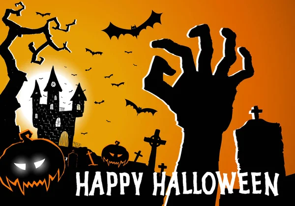 Carte Vœux Halloween Avec Des Éléments Horreur Château Effrayant Main — Image vectorielle