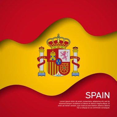 Soyut sallanan İspanya bayrağı. Kağıt kesim stili. İspanya 'nın vatansever tatil kartı tasarımı için yaratıcı bir geçmiş. Poster için grafiksel arkaplan. İspanyol bayrağının vektör illüstrasyonu. Pankart