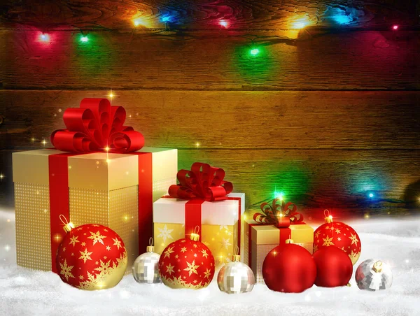 Boldog Karácsonyt Téma Piros Üveg Labdák Arany Ajándék Dobozok Íjak — Stock Fotó