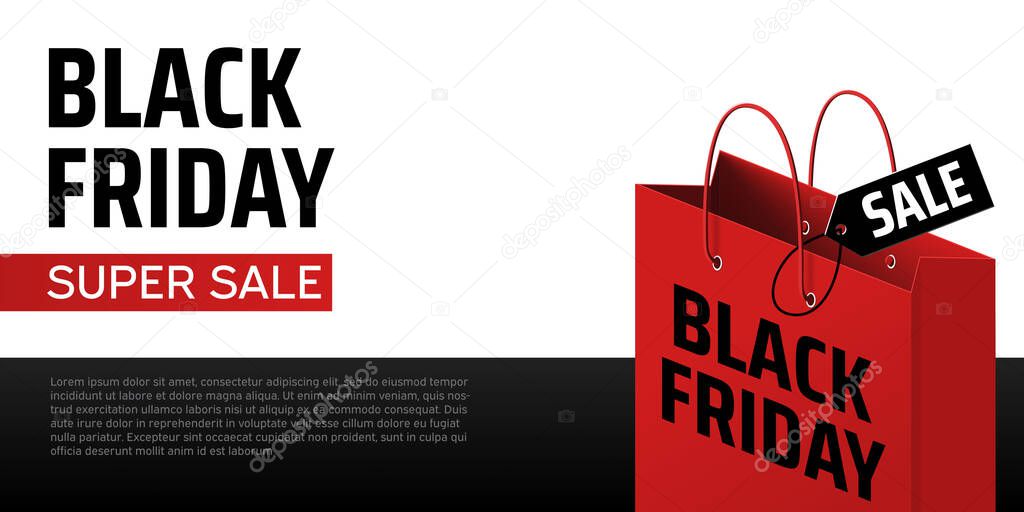 Black friday shopping bag. Red bag with sale label. Black friday vector banner. Shopping promotion. Advertising concept. Special offer sale template. Concept poster, card, banner, flyer