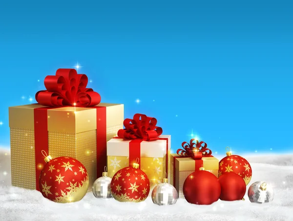 Boldog Karácsonyt Téma Piros Karácsonyi Labdák Arany Ajándék Dobozok Íjak — Stock Fotó
