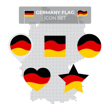 Almanya bayrak simgeleri kare, kalp, daire, yıldız ve işaretçi şeklinde dizilmiştir. Almanya 'nın mozaik haritası. Rüzgarda sallanıyor. Almanca üç renkli. Vektör düz sembol, simge, düğme