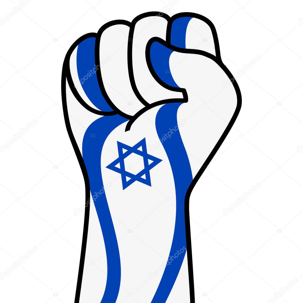 Raised fist of israel flag. Israeli hand. Fist shape israel flag color. Patriotic demonstration, rebel, protest, fighting for human rights, freedom. Vector flat icon, symbol for web banner, posts