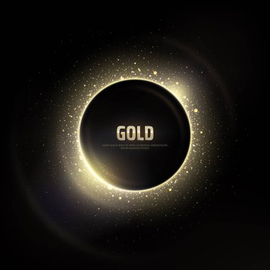 Siyah arkaplanda parlak parçacıklardan oluşan altın bir çember. Parlak altın çerçeve, yazı için yer. Kutlama vektörü arka planı. Şenlikli bir sınır, çerçeve. Karanlıkta parlayan ışık etkisi. Kart Partisi Davetiyesi