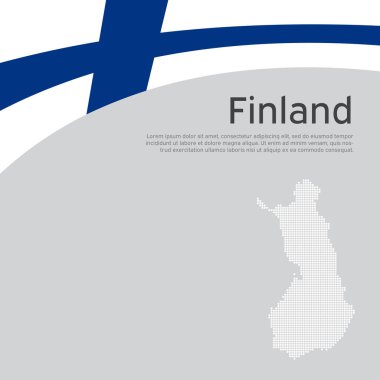 Finlandiya bayrağı, mozaik harita geçmişi. Beyaz arka planda Finlandiya bayrağı. Ulusal poster tasarımı. Eyalet vatansever afişi, el ilanı. İş kitapçığı. Düz vektör illüstrasyonu, şablon