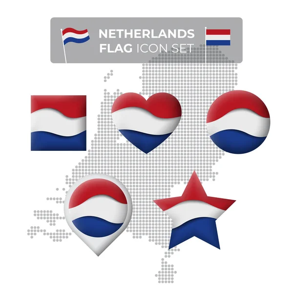 正方形 ハート 星とポインタ 地図マーカーの形で設定されたオランダのマークフラグアイコン デンマークのモザイク地図 オランダ国旗を振って 紙切り ベクトル記号 アイコン ボタン — ストックベクタ