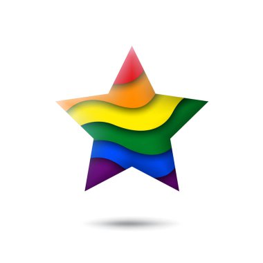 LGBT konsepti - gökkuşağı gurur bayrağı lgbtq simgesi yıldız şeklinde. Soyut lgbtq bayrağı sallama. Kağıt kesim stili. Çok renkli lgbt travesti gay lezbiyenler vektör sembolü, simge, düğme
