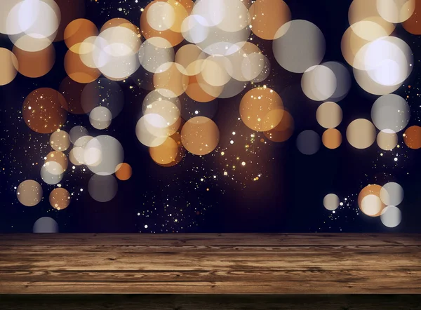 Holztischplatte Auf Goldenem Bokeh Hintergrund Glitzernde Goldpartikel Der Dunklen Nacht — Stockfoto