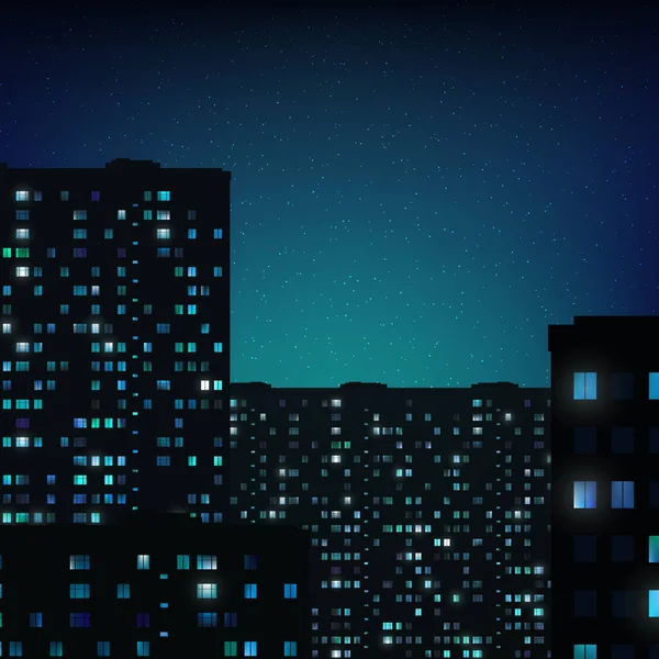 Glowing Windows Buildings Stars Night Sky View Window City Night — Stock Vector