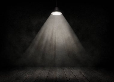 Karanlık sahne spot ışıklarıyla aydınlatılır. Beyaz duman. Geçmişi. Spot ışıklarının parlak ışıkları. Ahşap zemin. 3d illüstrasyon