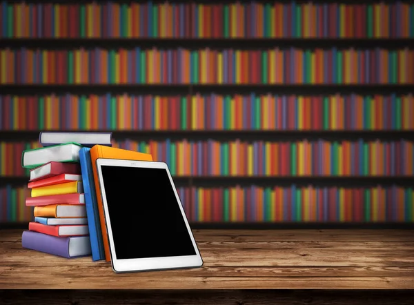 色の本やタブレットのスタックと木製のテーブル 本棚で背景がぼやけている 図書館に本があるテーブルの上 学校に戻る 背景デザイン要素 バナー ポスター 3Dレンダリング — ストック写真