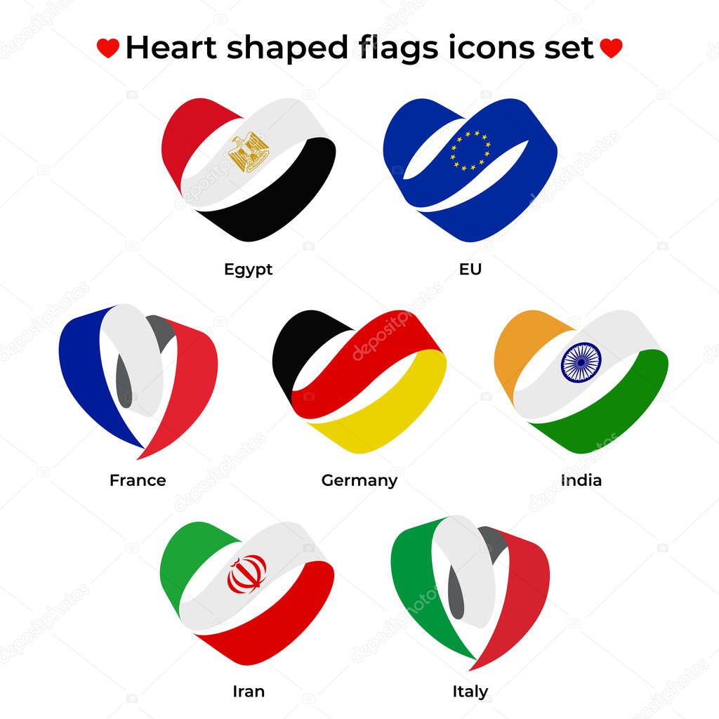 Heart shaped flags icons set. Icon flag from Ribbon curls. Vector icon, symbol, button. Illustration in flat style