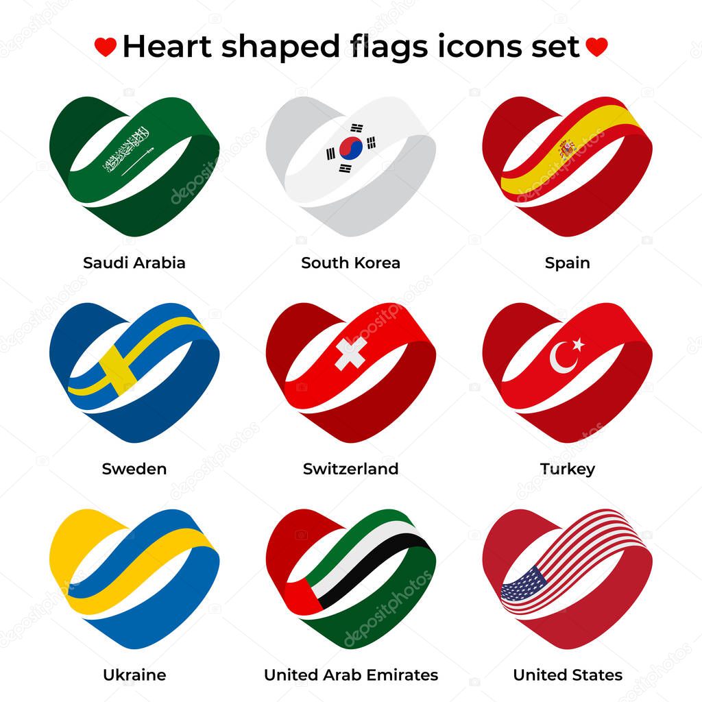 Heart shaped flags icons set. Icon flag from Ribbon curls. Vector icon, symbol, button. Illustration in flat style