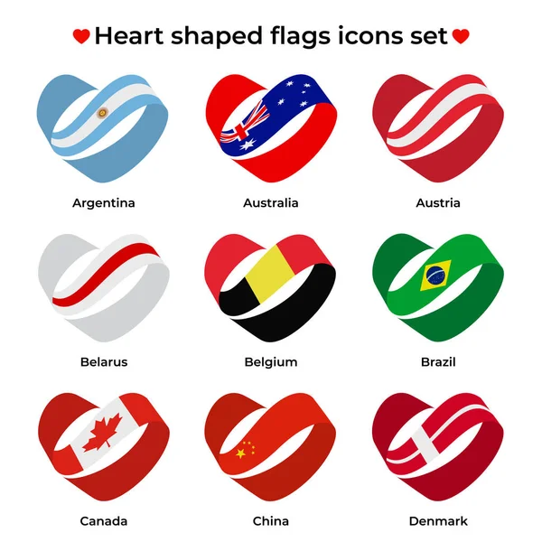 Набор Флагов Форме Сердца Знамя Ленточных Локонов Значок Вектора Символ — стоковый вектор