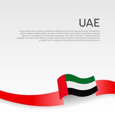 Birleşik Arap Emirliklerinin bayrağıyla donatılmış bir arka plan. Beyaz arka planda dalgalı kurdeleli BAE bayrağı. Ulusal poster tasarımı. İş kitapçığı. BAE vatansever bayrağı, el ilanı. Vektör illüstrasyonu