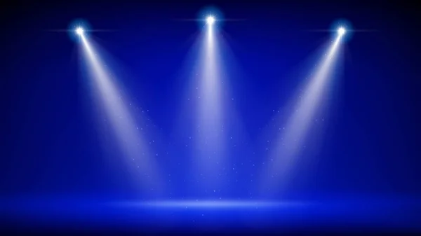 Sahne ışıkları. Aydınlatılmış mavi sahne. Ürünleri sergilemek için arka plan. Parlak spot ışıkları, parıldayan parçacıklar, bir ışık demeti. Vektör illüstrasyonu