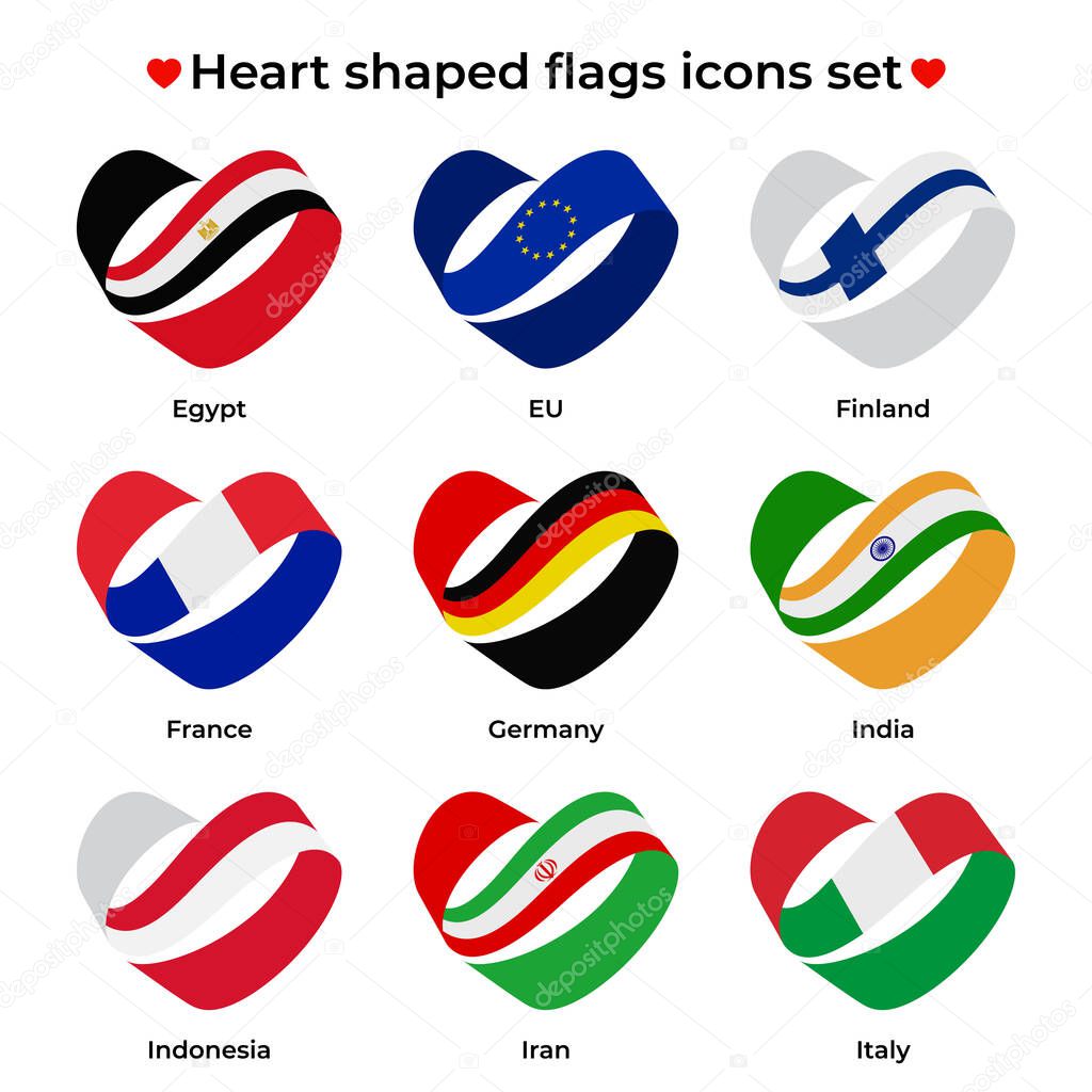 Heart shaped flags icons set. Icon flag from Ribbon curls. Vector icon, symbol, button. Illustration in flat style