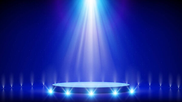 Spotlight backdrop. Illuminated blue stage podium. Background for displaying products. Bright beams of spotlights, shimmering glittering particles, a spot of light. Vector illustration