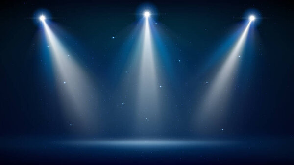 Spotlight backdrop. Illuminated blue stage. Background for displaying products. Bright beams of spotlights, shimmering glittering particles, a spot of light. Vector illustration