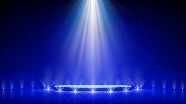 Фон прожектора. Иллюминированный подиум голубой сцены. Предпосылки для отображения продукции. Яркие лучи прожекторов, мерцающие блестящие частицы, пятно света. Векторная иллюстрация