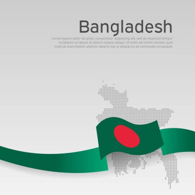 Bangladeş bayrağı, beyaz arkaplanda mozaik harita. Bangladeş bayrağıyla dalgalı kurdele. Vektör pankartı tasarımı, bangladeş ulusal afişi. İş kitapçığı için kapak. Vatansever, broşür, broşür.