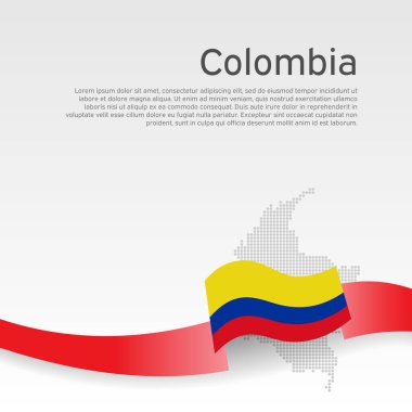 Kolombiya bayrağı, beyaz arka planda mozaik harita. Kolombiya bayrağıyla dalgalı kurdele. Vektör pankartı tasarımı, Kolombiya ulusal afişi. İş kitapçığı için kapak. Vatansever, broşür, broşür.