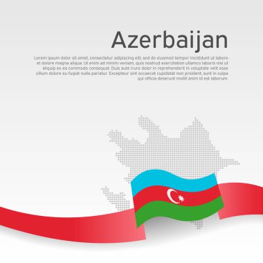 Azerbaycan bayrağı, beyaz arka planda mozaik harita. Azerbaijani bayrağıyla dalgalı kurdele. Vektör pankartı tasarımı, Azerbaijan ulusal posteri. İş kitapçığı için kapak. Vatansever, broşür, broşür.