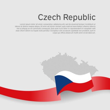 Çek Cumhuriyeti bayrağı, beyaz arka planda mozaik harita. Czech Cumhuriyet bayrağıyla dalgalı kurdele. Vektör pankartı tasarımı, ulusal poster. İş kitapçığı için kapak. Vatansever, broşür, broşür.