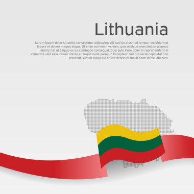 Litvanya bayrağı, beyaz arka planda mozaik harita. Litvanya bayrağıyla dalgalı kurdele. Vektör pankartı tasarımı, Litvanya ulusal afişi. İş kitapçığı için kapak. Vatansever, broşür, broşür.