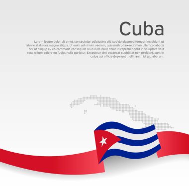 Küba bayrağı, beyaz arka planda mozaik harita. Küba bayrağıyla dalgalı kurdele. Vektör pankartı tasarımı, Küba ulusal afişi. İş kitapçığı için kapak. Vatansever, broşür, broşür.
