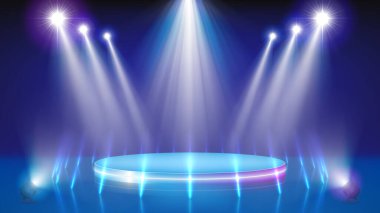 Spotlight backdrop. Illuminated blue stage podium. Background for displaying products. Bright beams of spotlights. Spot of light. Vector illustration clipart
