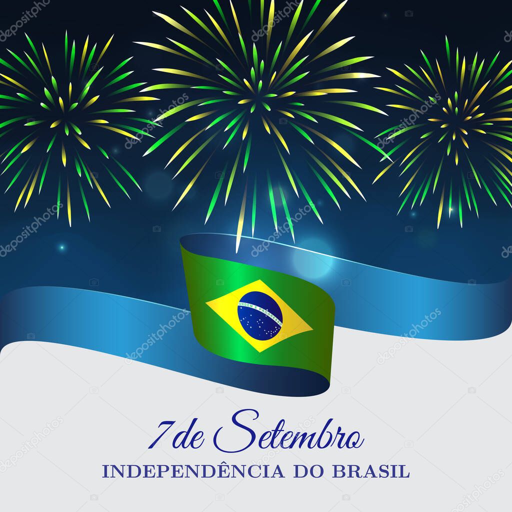 Banner 7 september, brazil independence day, vector template with brazilian flag and fireworks on blue night sky background. Translation: 7 September, Brazil Independence Day