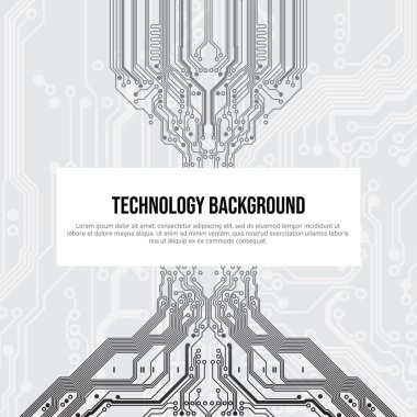 Teknolojik devre arkaplanı, konsept tasarımı, metin için alan. Yazılı devre kartı. Elektronik bilgisayar teknolojisi, dijital çip. İnternet ağı. Poster, afiş, şablon. Vektör siber grafikleri