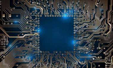 Devre kartı geçmişi. Teknolojik konsept tasarımı, ışık arkaplanı, metin için alan, kopyalama alanı. Elektronik bilgisayar teknolojisi, dijital çip, analog devre. Banner, sunum. Vektör