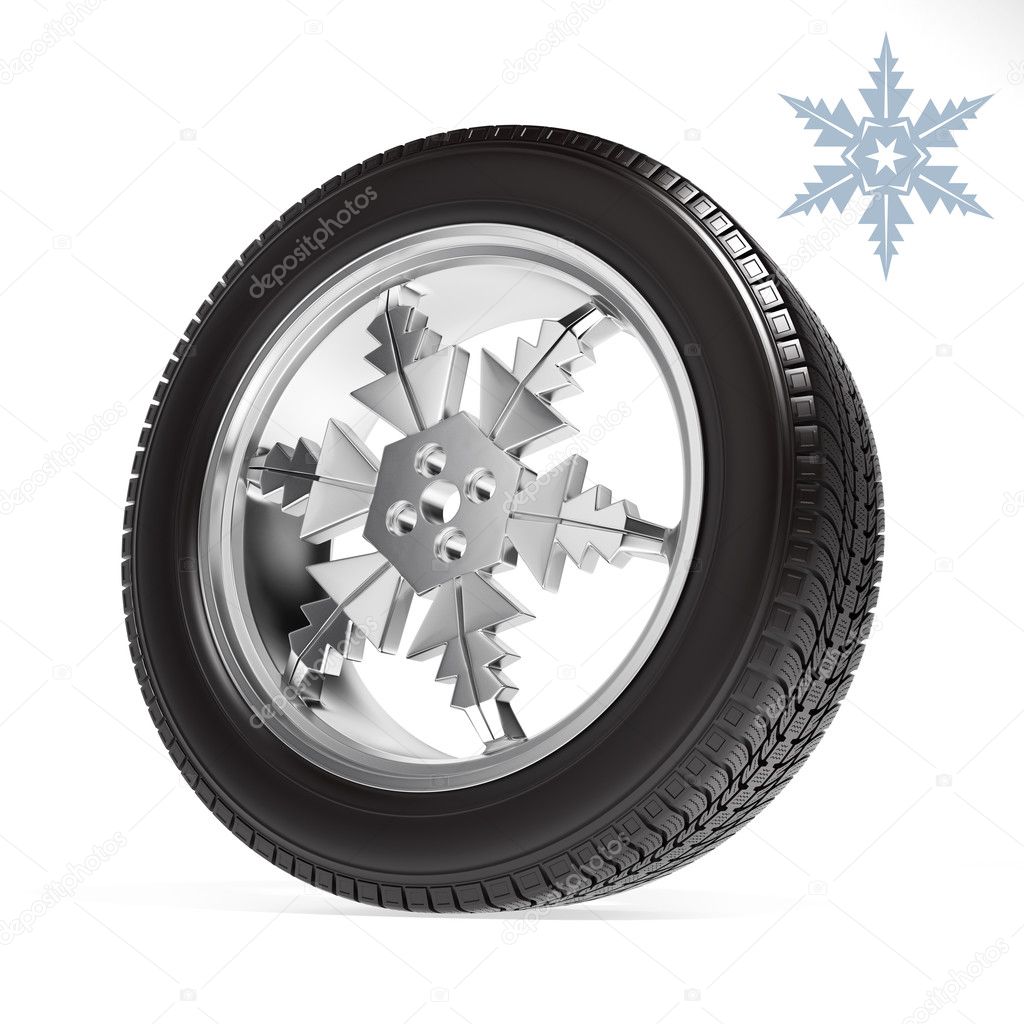 winter tire on the rim in the form of snowflakes on white background