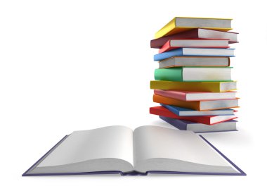 Açık kitap ve beyaz arka plan üzerinde kitapların bir yığınına