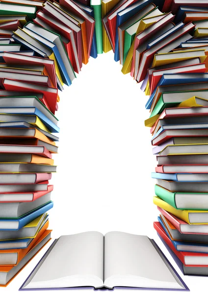 Open book and a stack of books in the form of windows, doors, frames — Stock Photo, Image