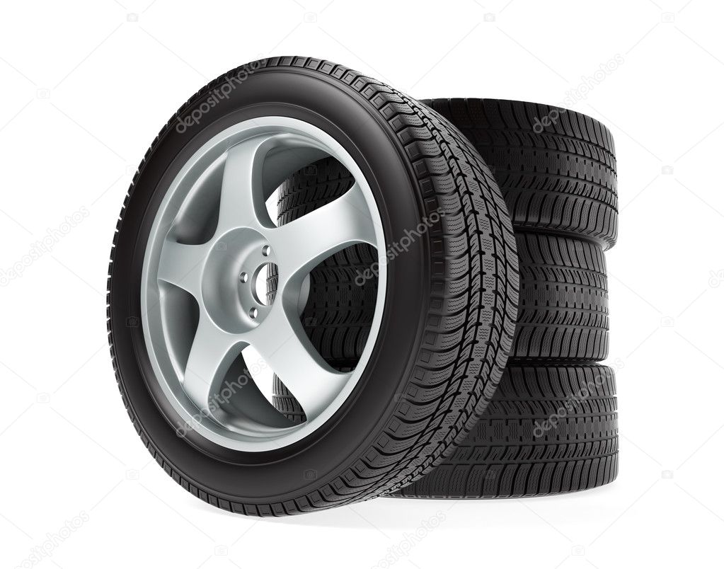 New car wheel with winter tire stacked up and isolated on white background